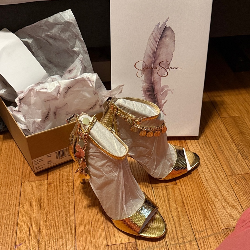 Jessica Simpson Gold Coin-Trim Metallic Ankle Strap Heels